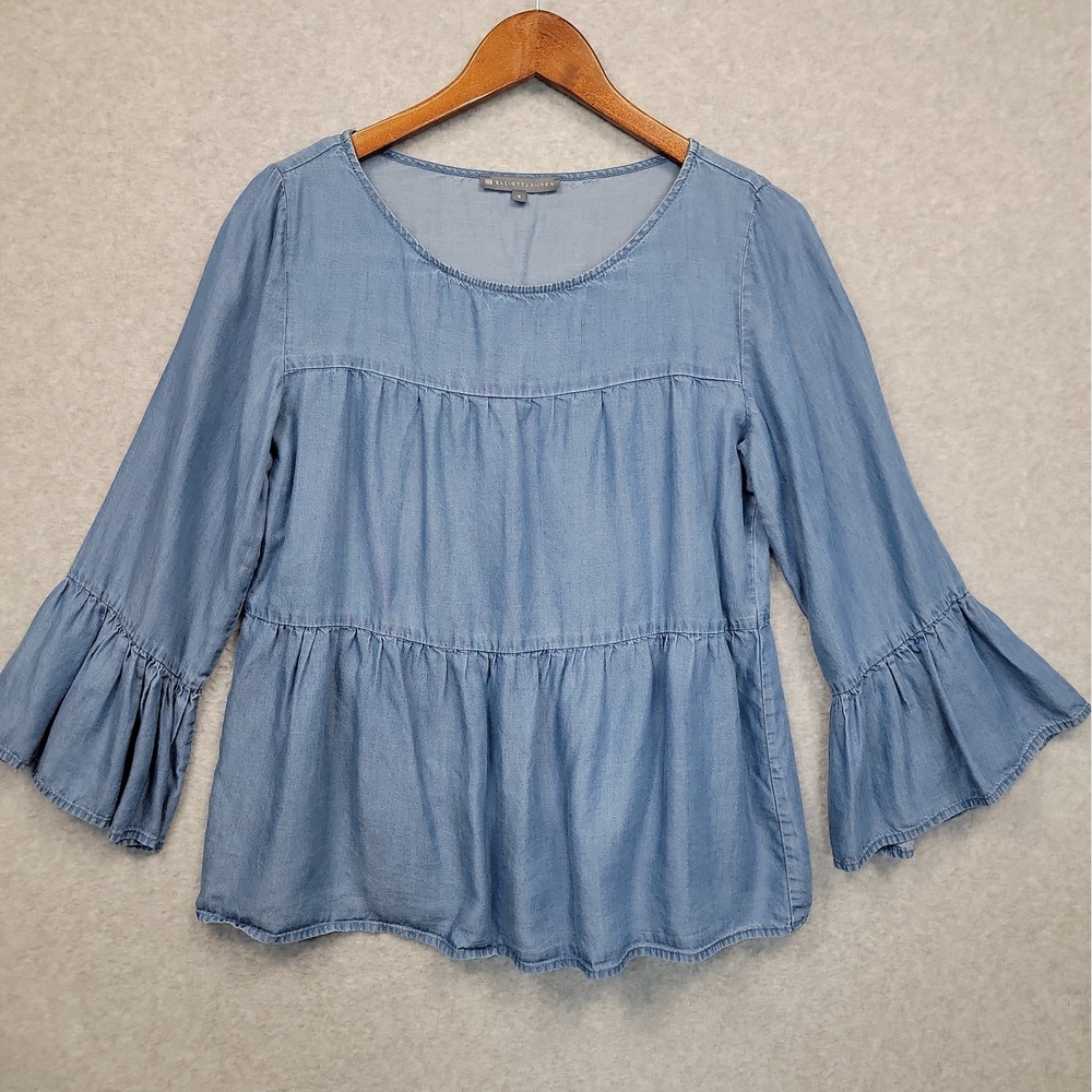 Elliott Lauren Blue Chambray Ruffle Sleeve Top Blouse Boho Tencel Size Small